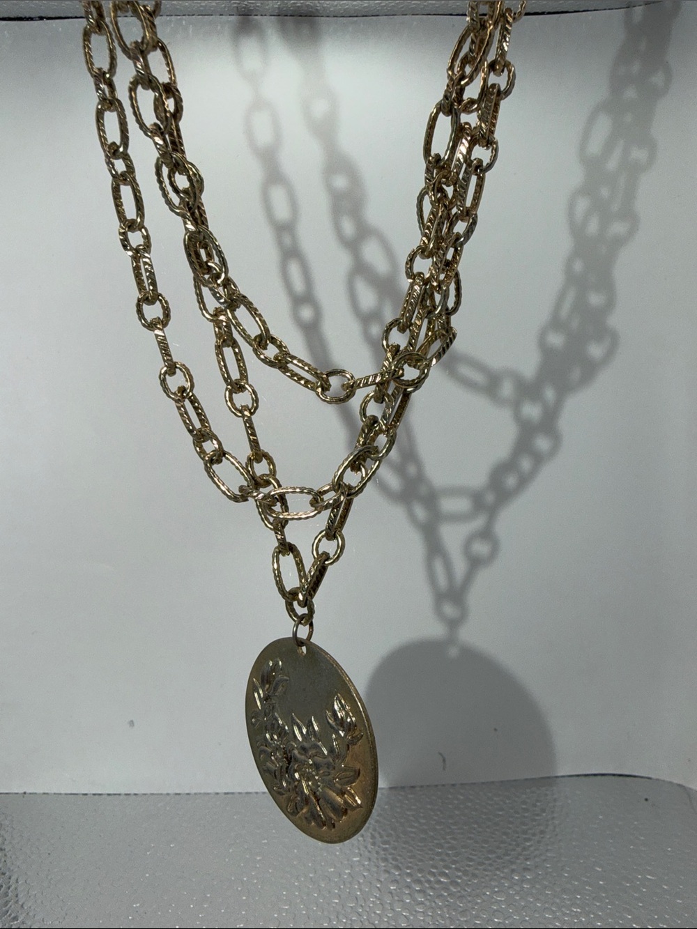 1946 Gold Tone Multi Strand Floral Medallion Statement Necklace